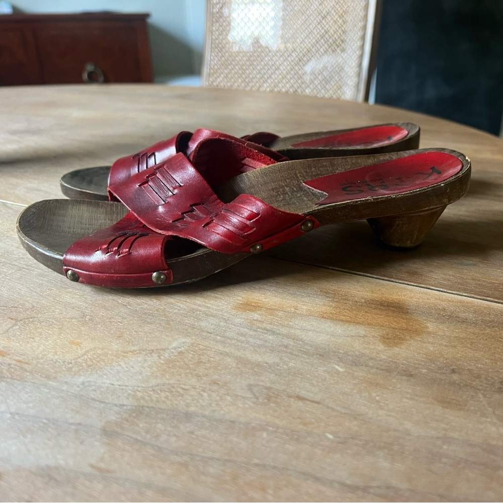 Red leather wooden clogs heels